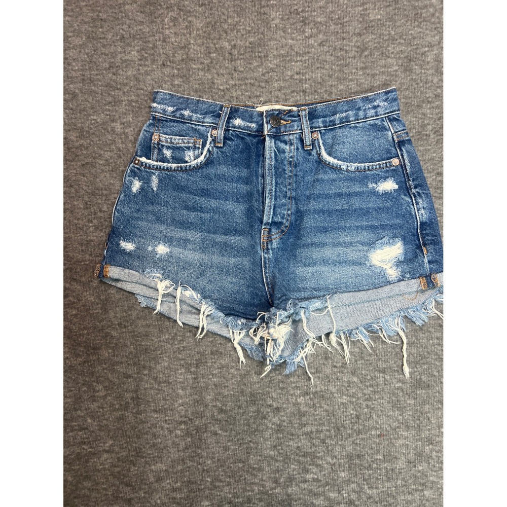 We The Free Free People High Rise Distressed Denim Shorts Blue Button Fly Sz 26